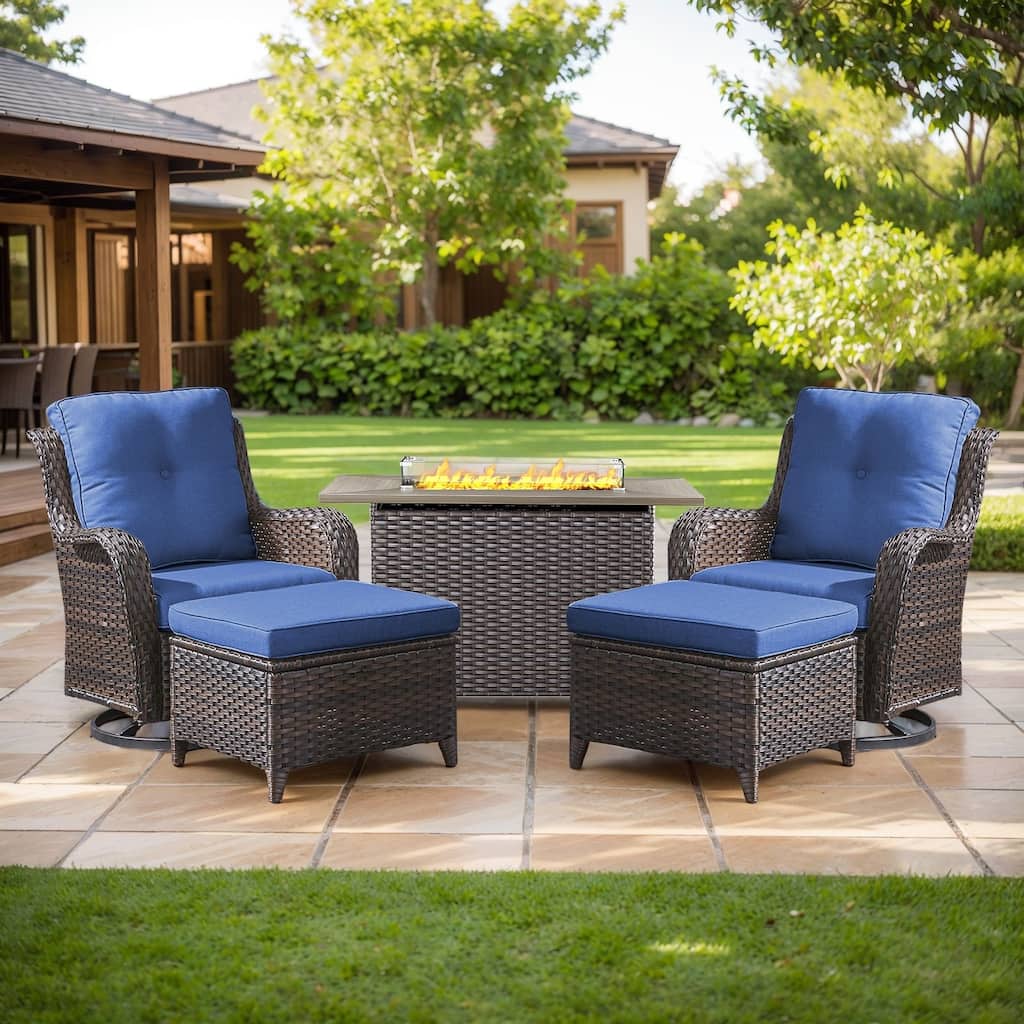 Fire Pit Table with Patio Glider Chairs Ottomans Brown-Blue - Brown