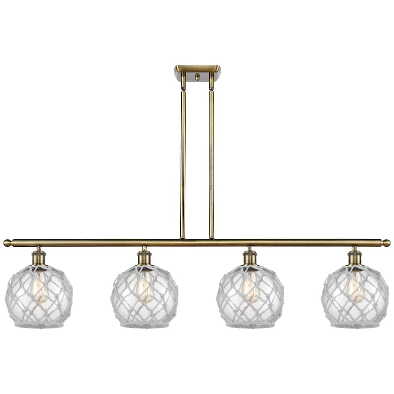 Innovations Lighting Endless Possibilities Ballston - Farmhouse Rope - 4 Light 48" Stem Hung Island Light with 8" Shades - Antique Brass/Clear Glass with White Rope