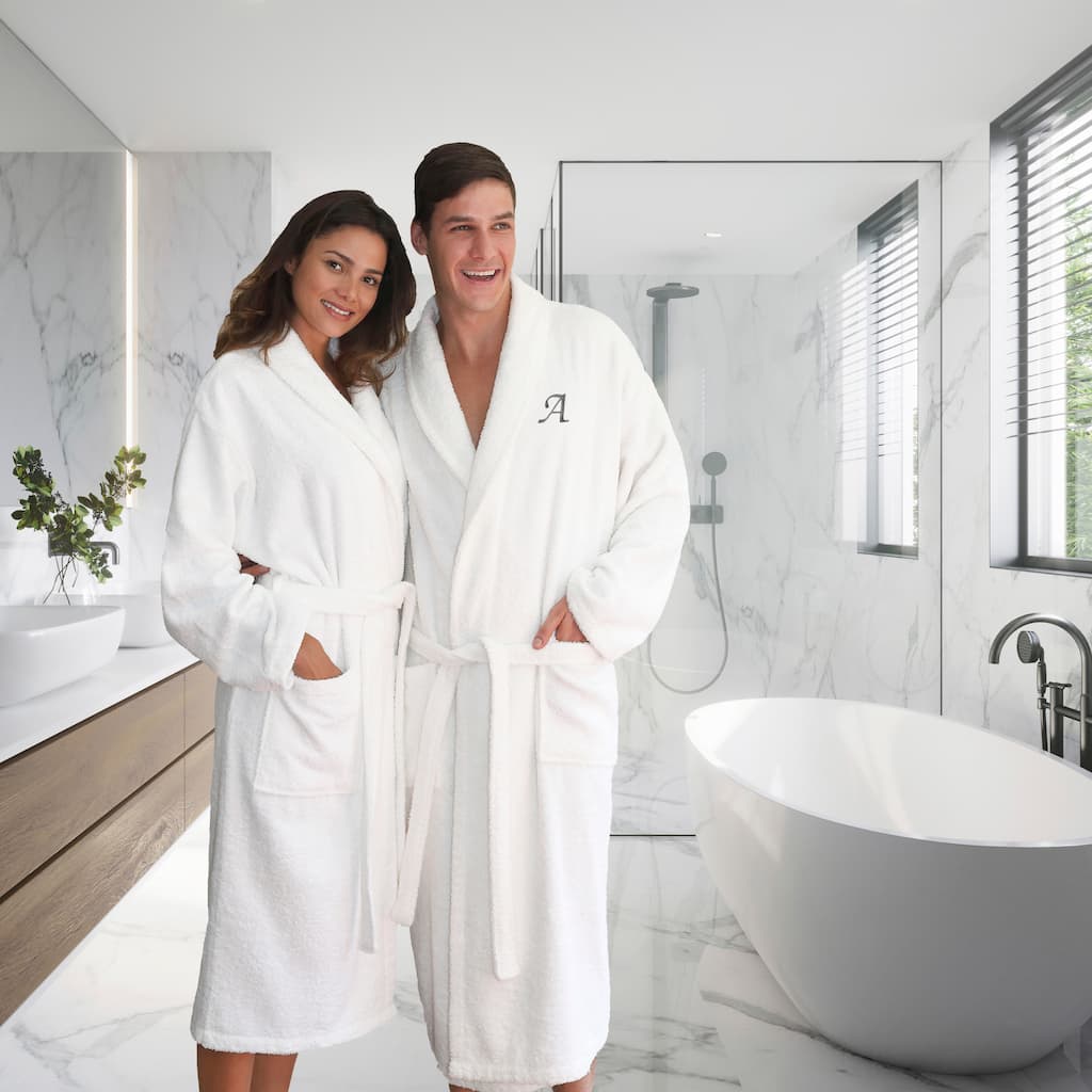 Authentic Hotel and Spa Unisex Turkish Cotton Terry Bath Robe with single letter Grey Monogram