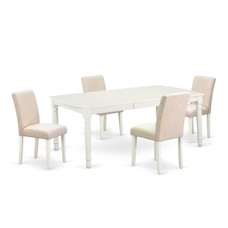 Rectangular Dining Table Set - 5pc Table & 4 Chairs - Linen White Legs - Light Beige Fabric
