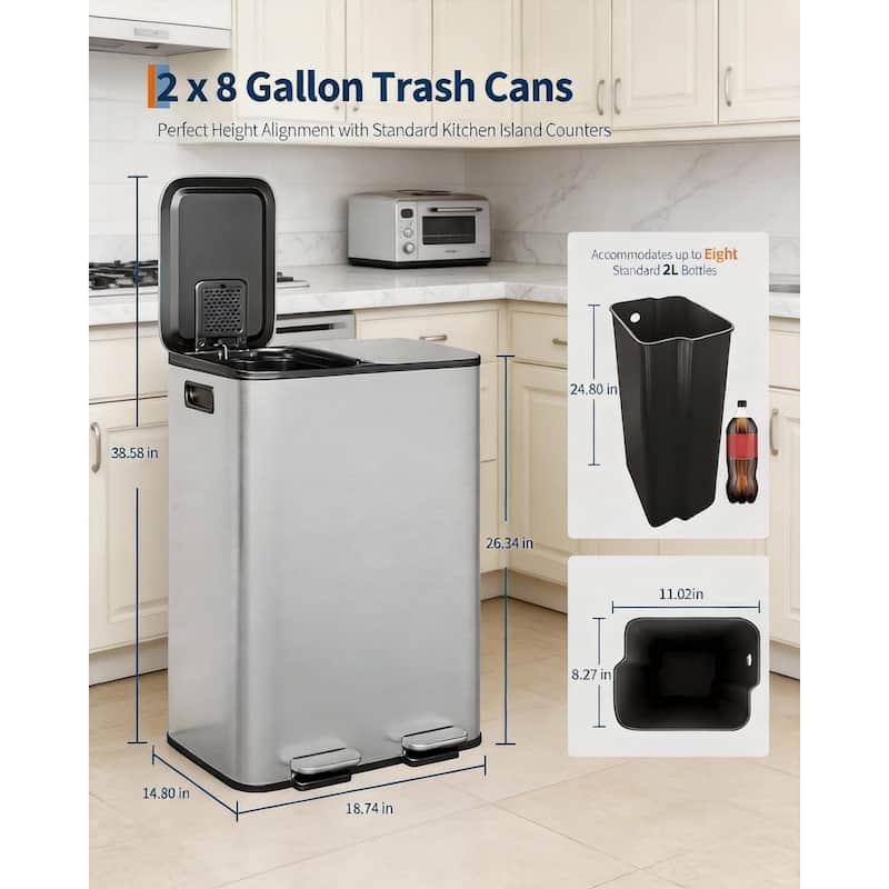 Trash Can, Dual Step for Trash & Recycling