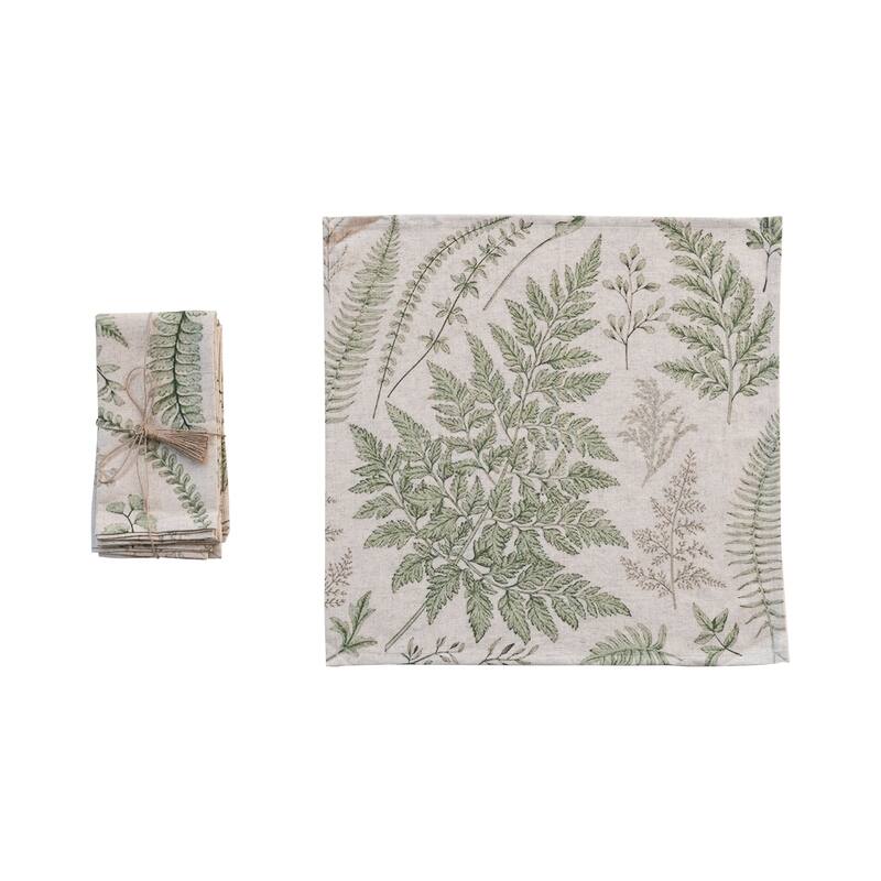 Cotton Napkins with Botanical Print - 18.0"L x 0.3"W x 18.0"H - 18.0"L x 0.3"W x 18.0"H - Green