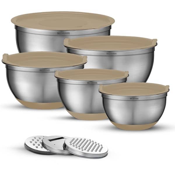 Belwares 5-Piece Stainless Steel Mixing Bowls with Airtight Lids and Graters - Non-Slip Nesting Bowls Set - Khaki