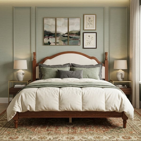 Wood Platform Bed with Upholstered Curved Headboard by Harper&Bright Designs - Beige+Brown - Queen