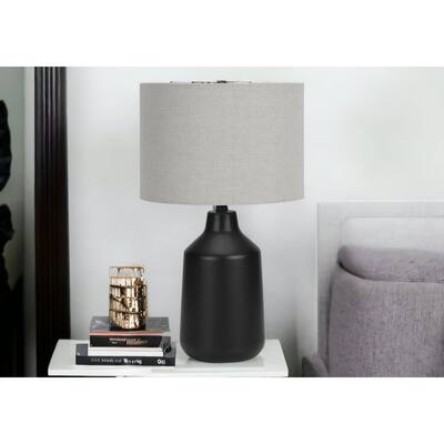 HomeRoots 24" Black Concrete Urn Table Lamp With Gray Drum Shade - 14