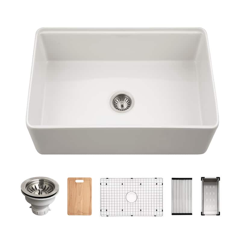 Houzer PTW-3020S Aspire 30" Farmhouse Single Basin Fireclay Kitchen - Matte White