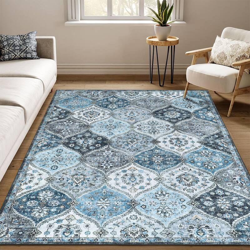 Rugs for Living Room Vintage Oriental Trellis Area Rug Soft Non Slip Low Pile Accent Rugs for Dining Room Office - 5'x7' - Gray Blue