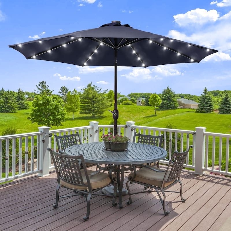 LIVOOSUN LED 9ft Patio Umbrella Market Umbrella Steel Tilt w/Crank - Navy Blue