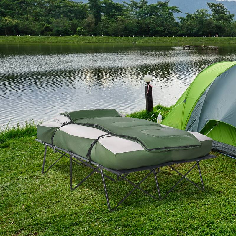 Outsunny 2-Person Collapsible Portable Camping Cot Bed Set with Sleeping Bag, Inflatable Air Mattress, & Comfort Pillows - Green/Grey - King