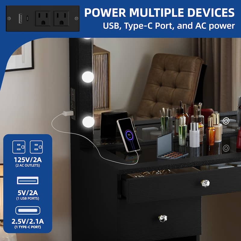 Moasis 45" Makeup Vanity Table Set with Lighted Mirror and Charging Station & PU Stool