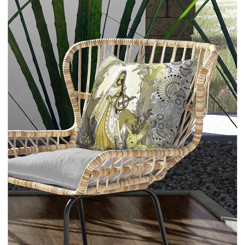 Forest Melodies Indoor/Outdoor Reversible Throw Pillow White and Yellow
