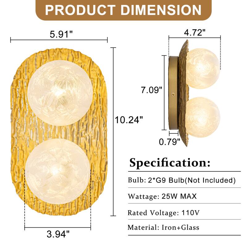 2-Light Textured Gold Metal Wall Sconce Frosted Crackled Glass Globe