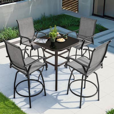 Patio 5-Piece Bar Set with Umbrella Hole, Swivel Textilene Bar Stools