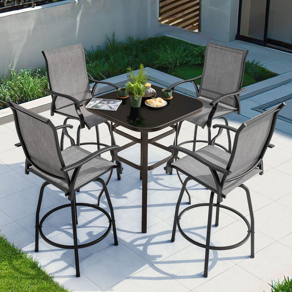 Patio 5-Piece Bar Set with Umbrella Hole, Swivel Textilene Bar Stools