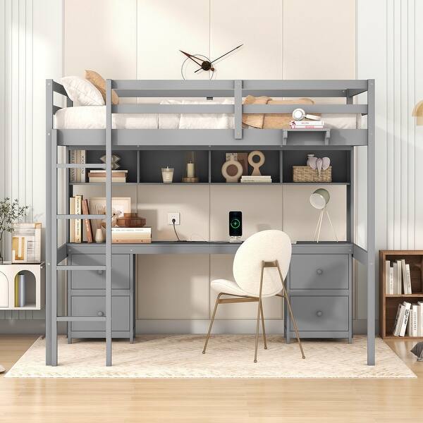 slide 2 of 17, Full Wood Loft Bed with Desk, Cabinets, Drawers & Safety Guardrails Gray - Full