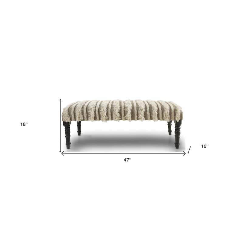 Wood Cream Cotton Upholstered Bedroom Bench Striped Pattern Nailhead Trim - 16” D X 47” W x 18” H
