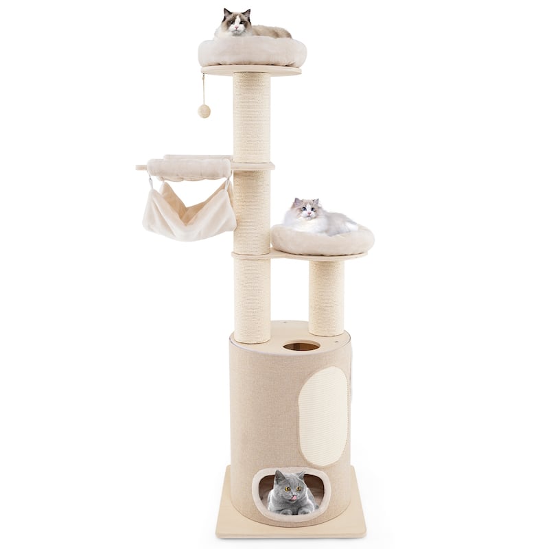 Wooden Cat Tree 74 Inches Tall with 2-Story Condo & Washable Soft Cushions - 23" L x 23" W x 74" H