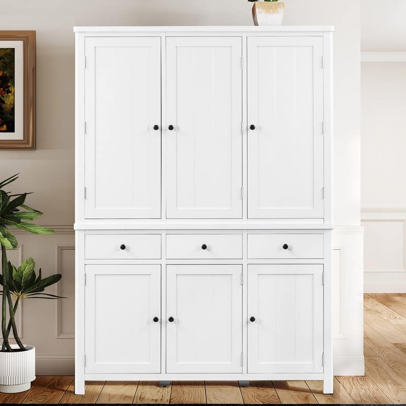 Farmhouse 74.8"Tall Freestanding Kitchen Pantry with Door Shelves,Adjustable Shelves, Pull-out Trays and Drawers