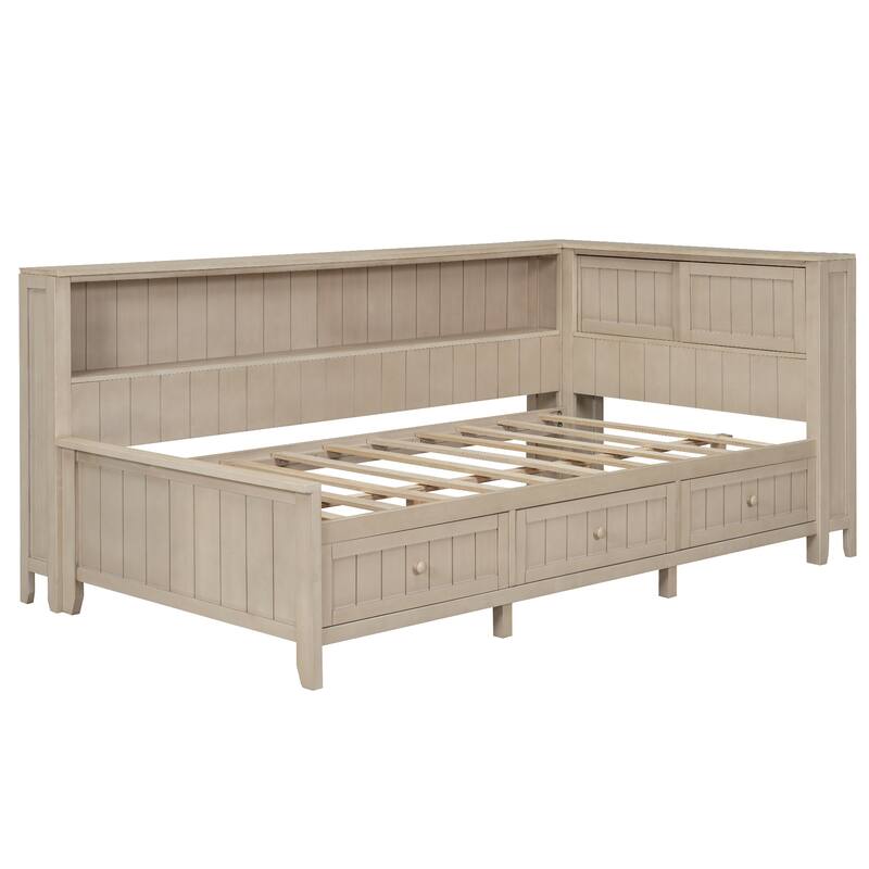 Sturdy Wood Platform Frame Daybed with Storage Shelves and 3 Drawers, Space-Saving Design for Bedroom or Guest Room