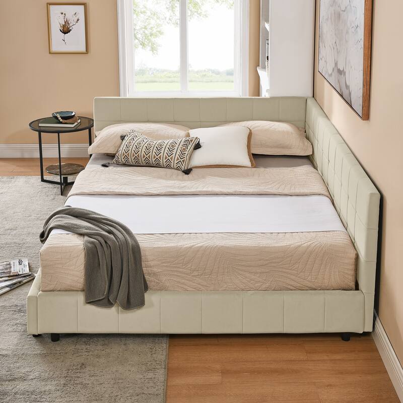 L-shaped Velvet Upholstered Daybed Tufted Sofa Bed with Soft Backrest Armrests - and Optional Corner Storage Day Bed
