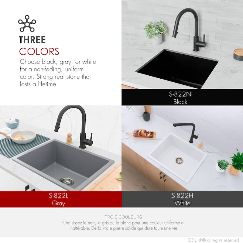 STYLISH Dual Mount 22" Single Bowl Composite Granite Kitchen Sink - 22" x 17.5" x 8.25"