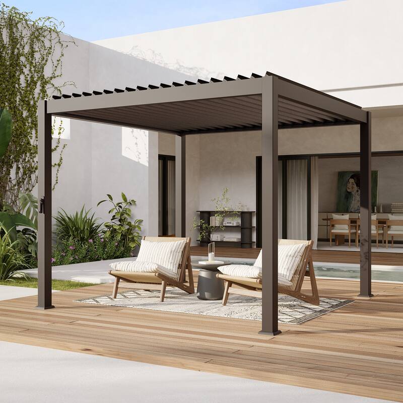 BONOSUKI Outdoor Aluminized Steel Louvered Pergola with Adjustable Roof, Brown - 10' x 10'