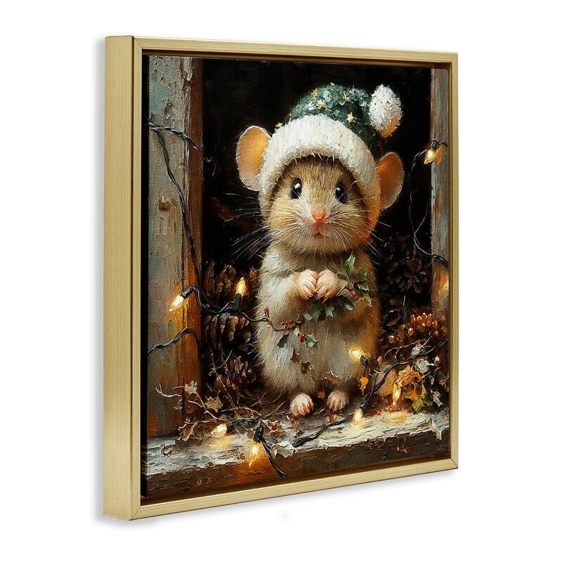 Stupell Barn Mouse with Christmas Lights Framed Floater Canvas Wall Art Design By Riley B