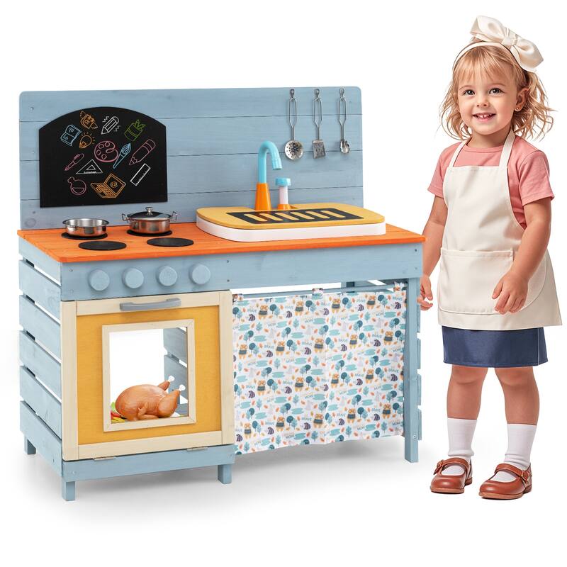 Wooden Toy Kitchen Playset with Removable Circulation Faucet and Cooking Accessories-Blue - Multi