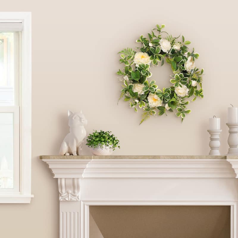 24" Artificial Camellia,Peony Floral Spring Wreath With Green Leaves