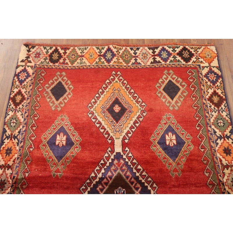 Geometric Shiraz Persian Vintage Accent Rug Hand-Knotted Wool Carpet - 3'4" x 4'11"