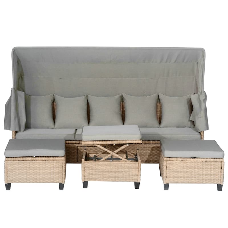 4 Piece UV-Proof Resin Wicker Patio Sofa Set with Retractable Canopy, Cushions & Lifting Table, Beige