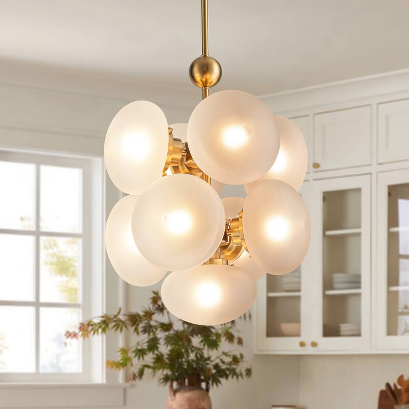 9-Light Modern Glam Gold Cluster Frosted Opal Globe Glass Chandelier for Dining Room, Living Room