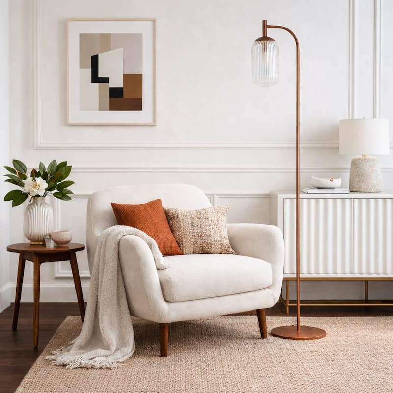 Emily Bronze Arched Floor Lamp with Ribbed Glass Shade