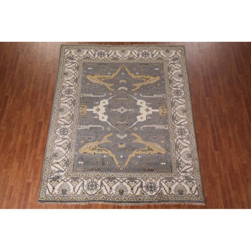 Transitional Gray Oushak Indian Rug Hand-Knotted Wool Carpet - 7'11"x 9'9"
