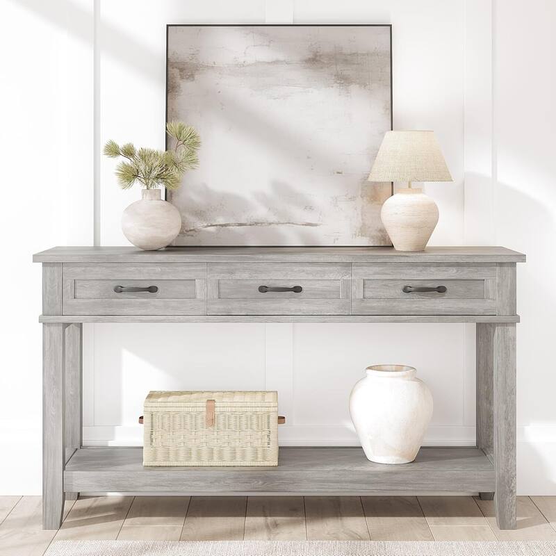 2 Tier Farmhouse Entryway Table, Console Table with 3 Storage Drawers - Grey