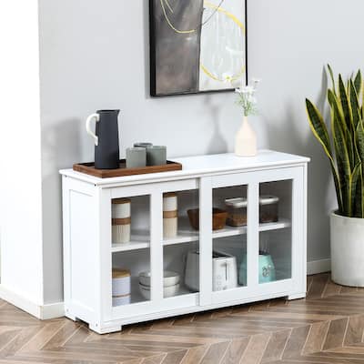 White Kitchen Sideboard Buffet with Sliding Glass Doors and Adjustable Shelf for Dining Room Storage - 42.25" x 13" x 24.5"