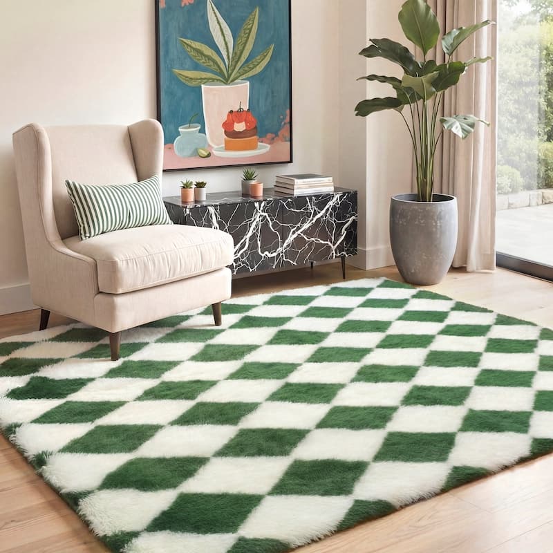 Mcow Diamond Check Collection High-Pile Machine-Washable Area Rug