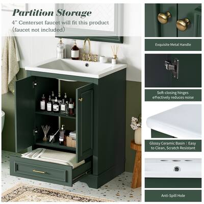 24" Bathroom Vanity with Ceramic Sink Combo, Floor standing Bathroom Storage Cabinet with Drawer & Soft Closing Doors, Green