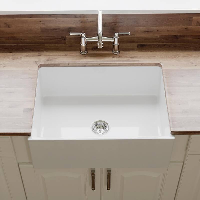 27"x19" Crestwood Farmhouse Sink, White Fireclay Kitchen sink, Single Bowl Apron Front, Plain Farm sink