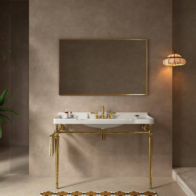 Wall-Mounted Bathroom Vanity with Ceramic Basin and Metal Legs - 48 - Gold+White