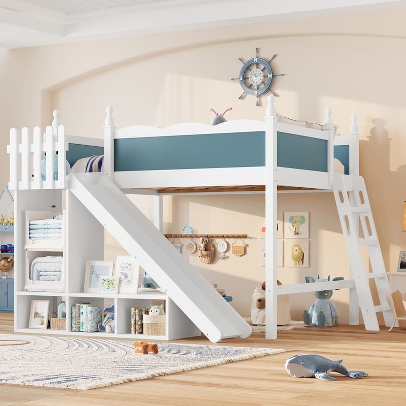 Queen/Full Size Solid Wood Loft Bed with Slide, Storage Shelves, Cabinet, Ladder & Play Area, No Box Spring Needed - Blue+Light White - Full
