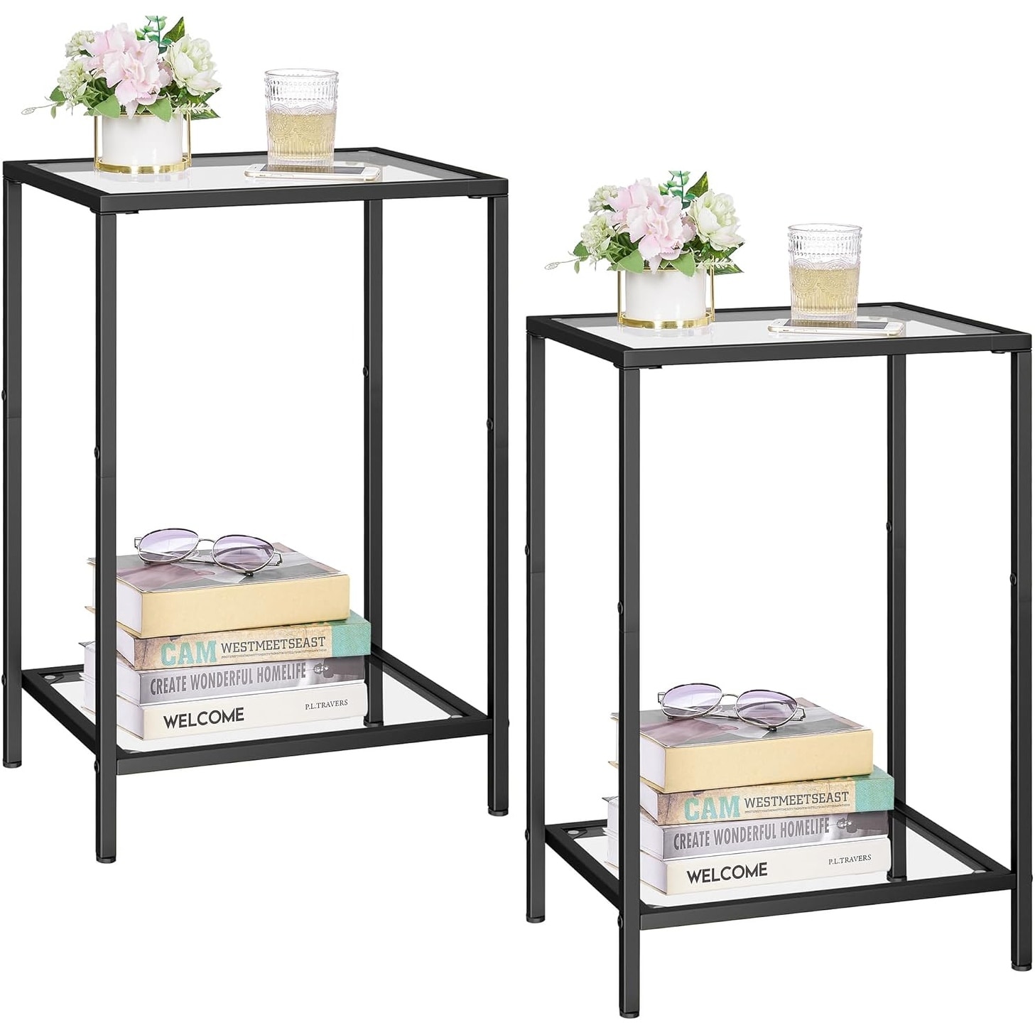 Modern 2-Tier Side Table Set with Tempered Glass, Black Metal Frame for Living Room, Bedroom