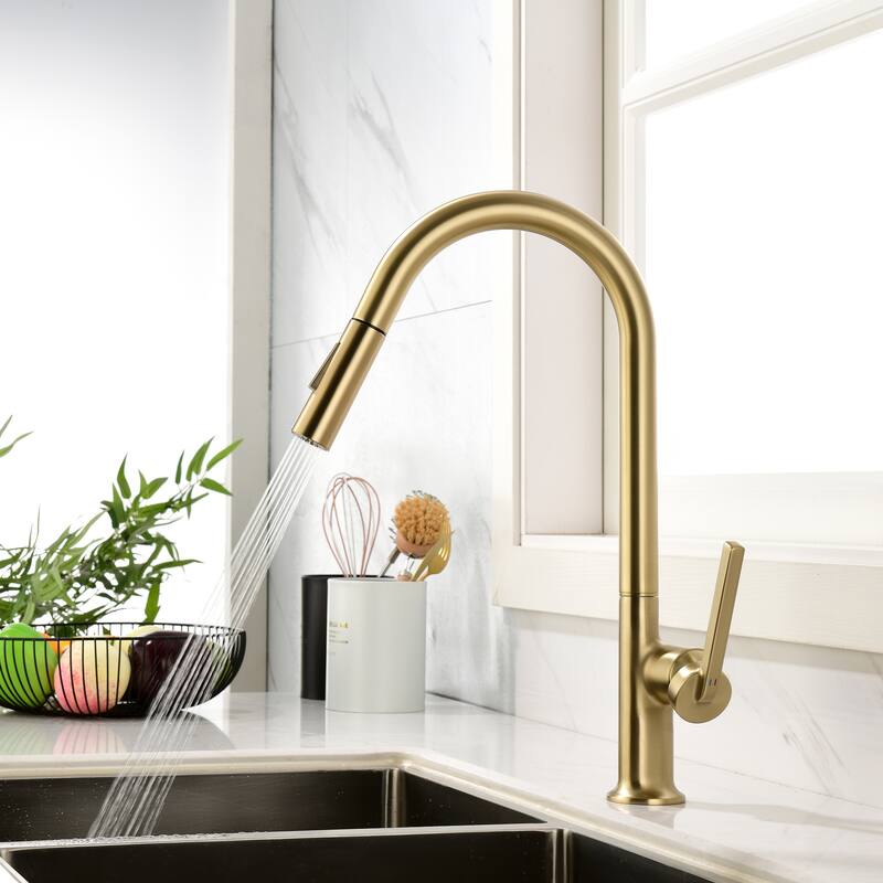 Rbrohant High-Arc Single Handle Pull Down Kitchen Faucet - Brushed Gold