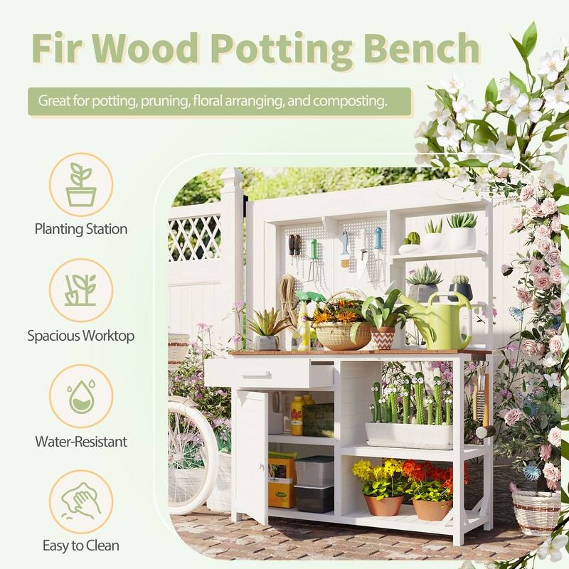 Fir Wood Potting Bench with Hutch, Garden Workstation for Planting, 4 Shelves & Adjustable Storage,with Hooks, 50.2''Countertop