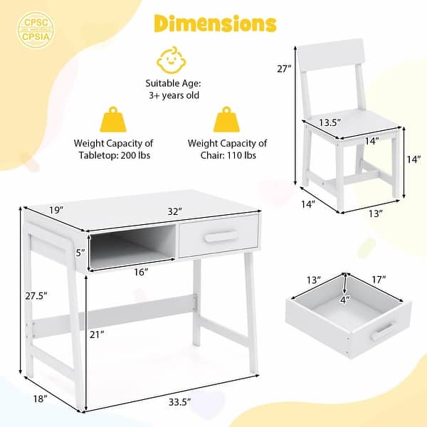 dimension image slide 1 of 2, Costway Kids Desk and Chair Set with Storage Drawer and Hutch, Student - See Details