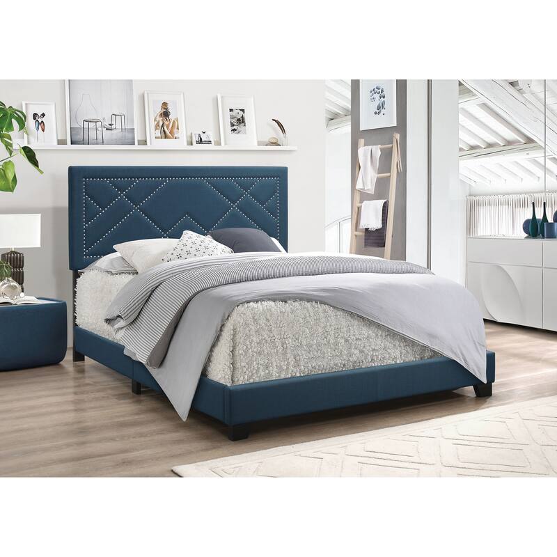 Eastern King Bed in Transitional Style - Dark Teal Fabric Upholstered, Fully Padded Panel, Chrome Trim - Teal