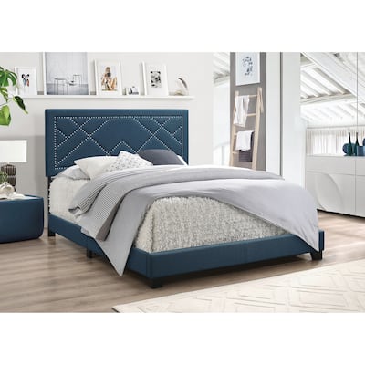 Eastern King Bed in Transitional Style - Dark Teal Fabric Upholstered, Fully Padded Panel, Chrome Trim