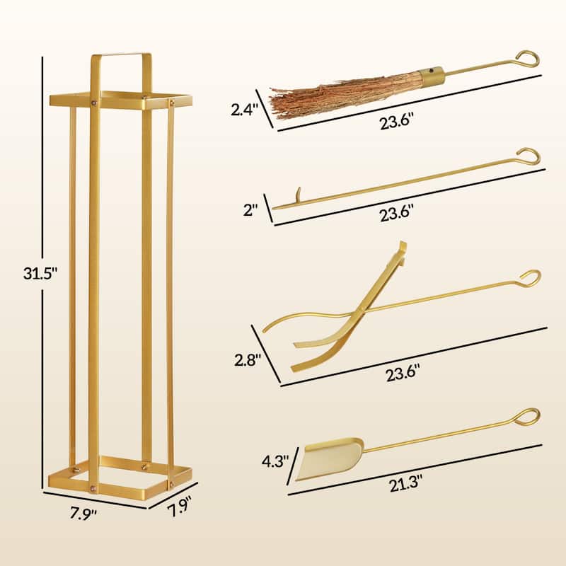 5 Piece Metal Fireplace Tools Set with Brush Broom, Poker, Shovel, Tongs and Stand for Chimney