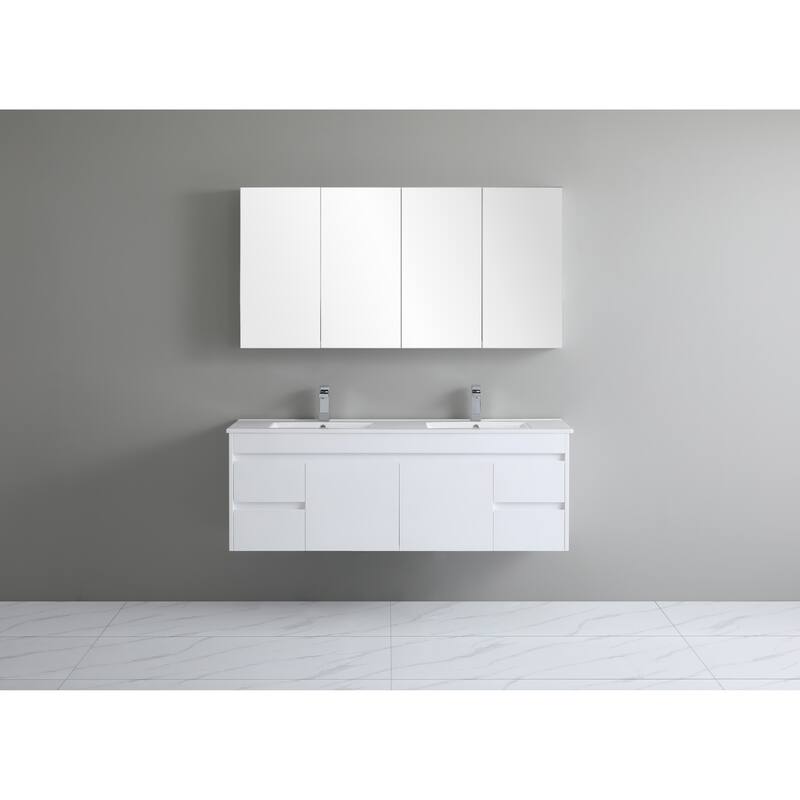 CB HOME 24"/30"/36"/48"/60" Pure White Bathroom Vanity, Floating Wall Mounted Cabinet w/ Integral Ceramic Sink Basin Countertop
