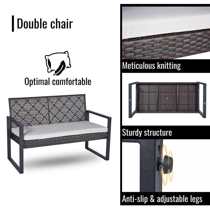 4-Piece Outdoor Patio Furniture Set with Rattan - Includes Double Chair, 2 Single Chairs, Coffee Table,Garden Conversation Set